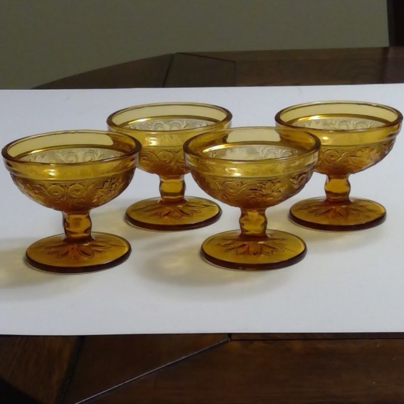 S/4 Vintage Indiana Glass Tiara Amber Sandwich Champagne Sherbet Glasses - Picture 2 of 9